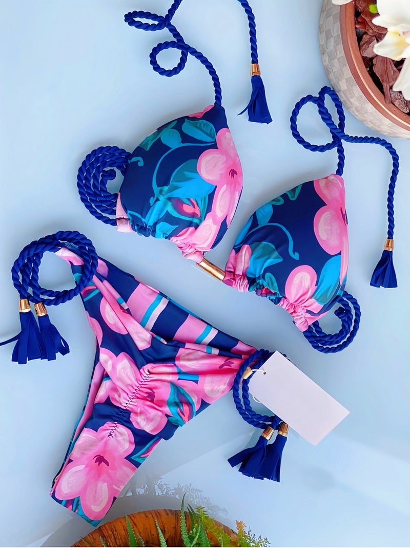 Printed Fabric Rope Bikini Triangle Swimsuit Swimwear - Image 1